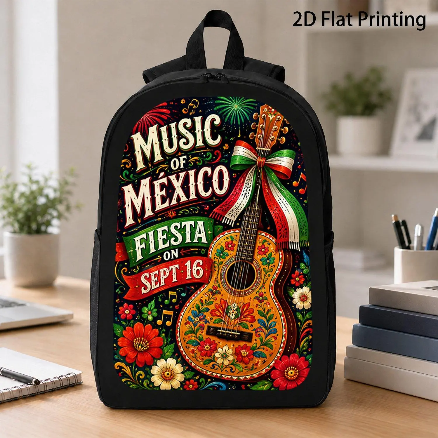 17 Inch Pack Bag Music Of Mexico Colorful Floral Painted Guitar Fiesta Art Backpack Trending Mexican Independence Day Travel School Hiking Casual Carryall Bag