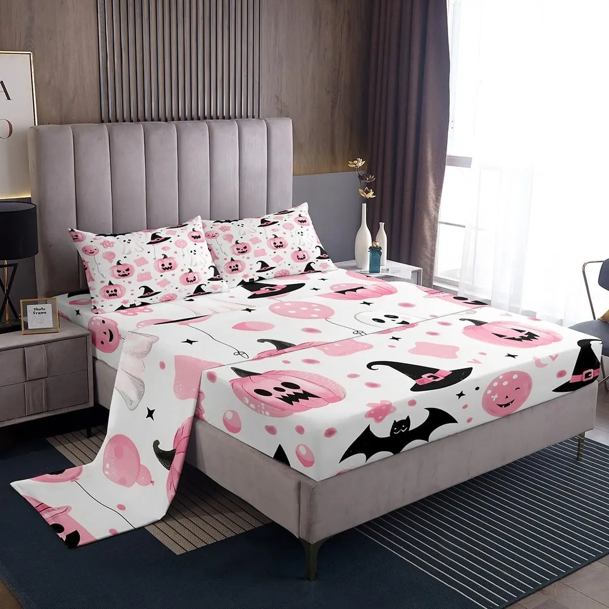 Kids Halloween Decor Bed Sheets Sets Cartoon Ghost Bedding Set Pumpkins Bed Sheet Set 16-Inch Deep Pockets Spooky Halloween Decorations