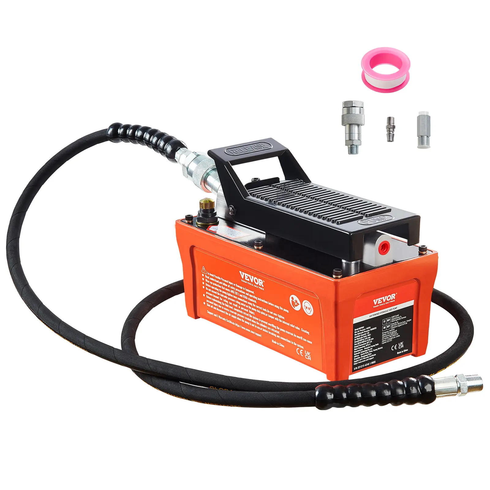 【summerfinds】VEVOR Air Hydraulic Pump, 10,000 PSI 1/2 Gal Reservoir, NPT 3/8" Oil Outlet, NPT 1/4" Inlet, 6.6 ft Pipe, Foot Actuated Hydraulic Pump Air Treadle for Auto Body Frame Machines and Pulling Post, Orange