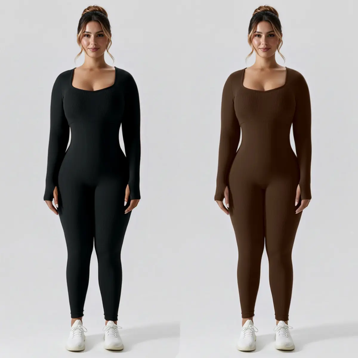 Women's High-Waisted Yoga Bodysuit Quick-Dry Long Sleeve Workout Top with Removable Pads High-Elasticity Slim Fit for Running Gym & Training Solid Brown All-Season Fitness Apparel Stretchable Activewear Sporty Jumpsuit