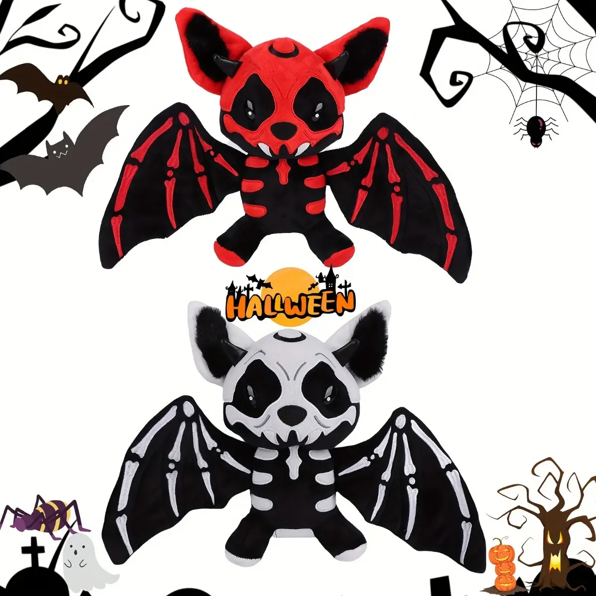Halloween Skeleton Bat Plush Toy with Orange Wings - Soft Stuffed Animal, Red/White/Black, Perfect for Halloween Decor & Creative Gifts, Halloween Decorations, Gothic Theme, Soft Huggable