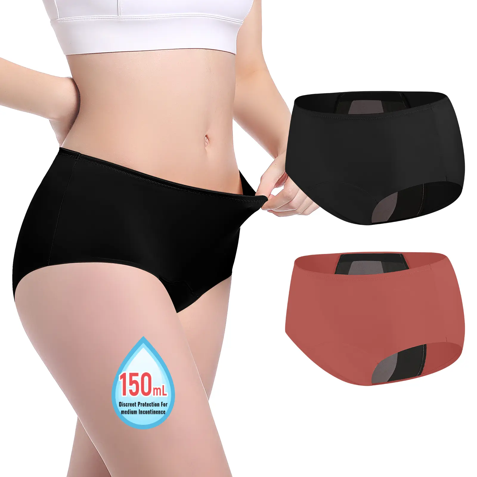CARER Period Underwear for Women, 2-Pack Discreet High-Rise Nylon Blend Panties, Waterproof & Leakproof with 150ml Absorbency for Postpartum & Incontinence, Two Pairs, Looks Like Daily Underwear, Discreet