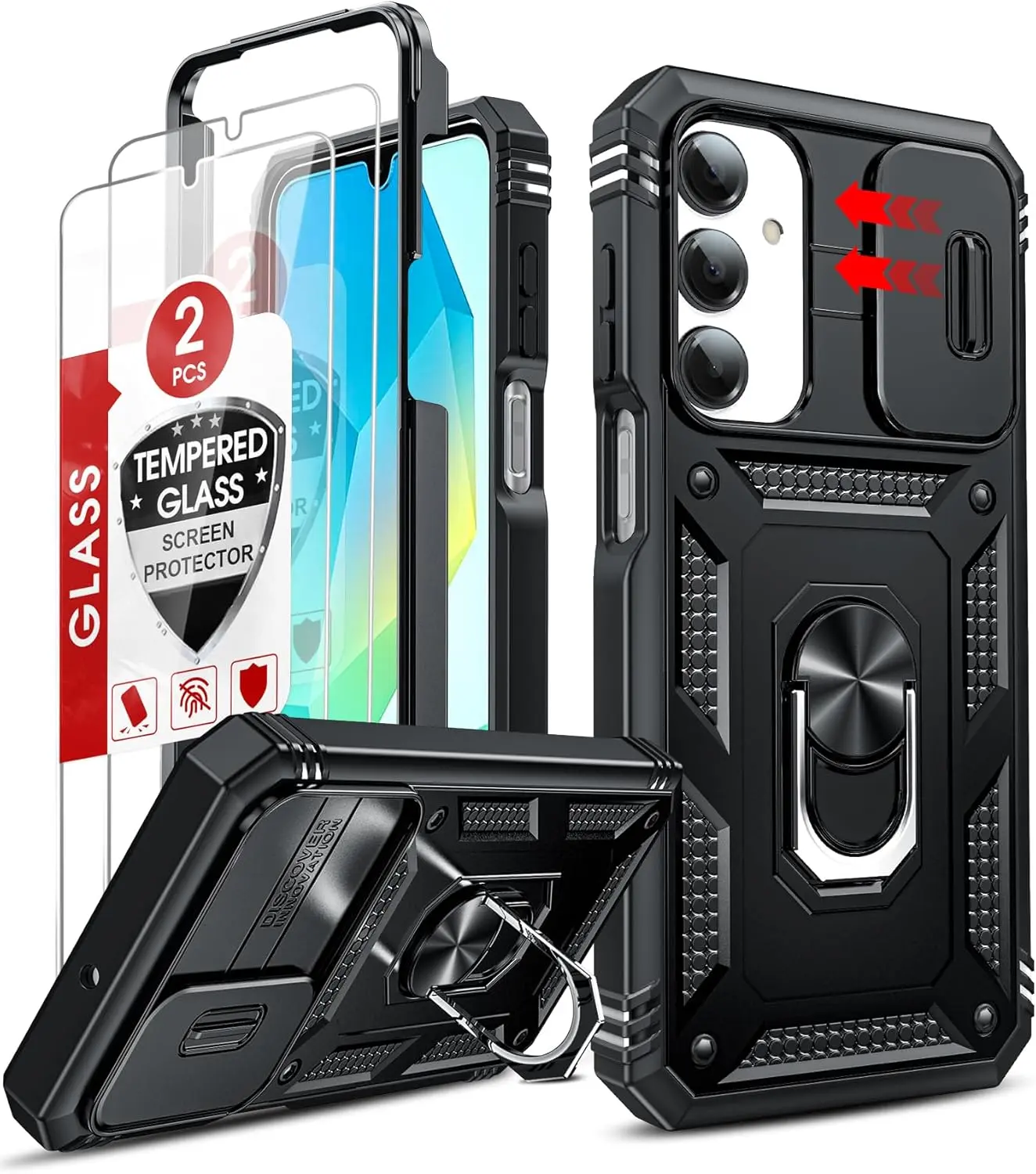2 Pack Military-Grade Polycarbonate 360-Degree Shockproof Phone Case with Screen+Cover, Camera Protector, Chemical Resistant Rugged Black Cover for Samsung Galaxy Series A17/A16 5G (Car Accessories Compatible)