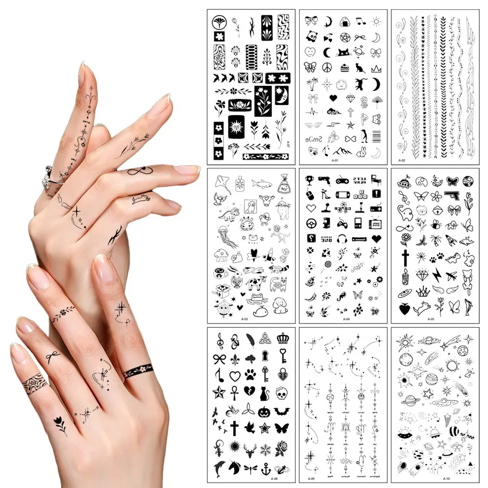 Fingertip Small Tattoo Sticker – Chic English Letters & Butterfly, Tiny Pattern Temporary Tattoo. Delicate Accent for Fingers. Sticker Tattoos