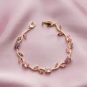 Gold Pastel Tulip Floral Bracelet-18K Coquette Flower Bracelet- Pink & Lilac Crystals – Fairytale Inspired Jewelry Gift for Her