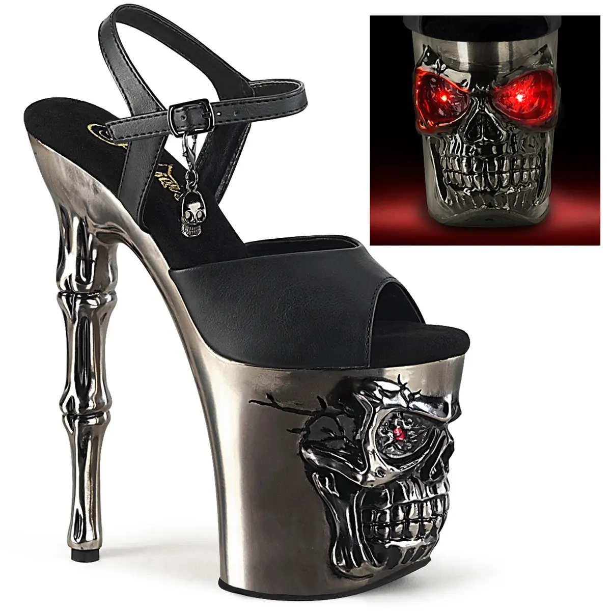Women's RAPTURE-809-LT Skull Sculpted Satin High Heels - 8-in Platform, Chrome Pewter, Led Static Lights, Ankle Strap, Stylish Fashion Footwear, Heeled