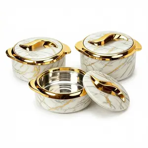 3Pcs Insulated Serving Bowls with Lids, Marble Gold Hot Pot Food Warmer Container, Stainless Steel Insulated Casserole Dish for Kitchen Dinner Party, Keep Food Warm for Hours