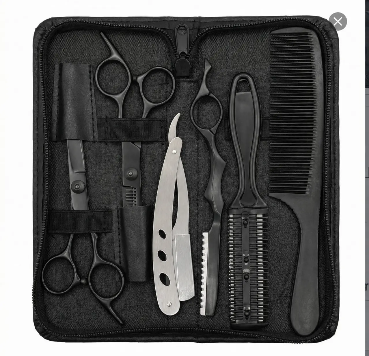 6PCS Professional Black Barber Haircutting Kit for Adults - Unscented Haircare Equipment with Stainless Steel Blades, Thinning Shears, Razor Comb Hair Scissors, Texturizing Tools, Lightweight Volumizer for Salon & Home Use, Durable, Smooth, Finishing, Cle