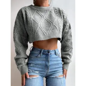 Women’s plain textured cropped sweater, casual long-sleeve crewneck jumper, women’s sweaters, spring and autumn knitwear for everyday wear, fall sweater