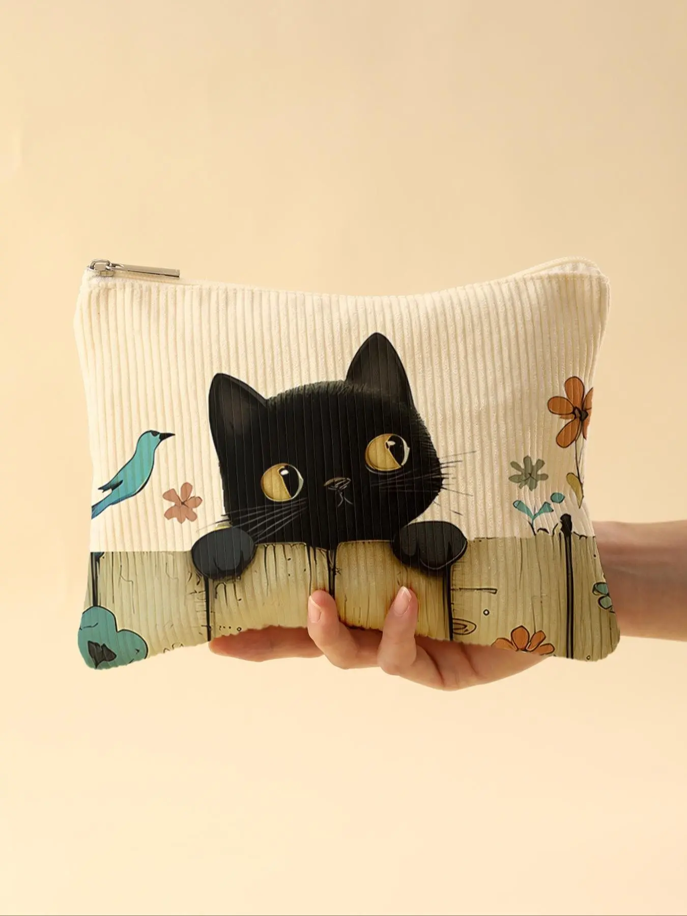 Cat Pattern Corduroy Makeup Bag, Lightweight Zipper Travel Makeup Pouch, Multifunctional Makeup Organizer for Toiletries and Accessories, Cosmetic Pouch