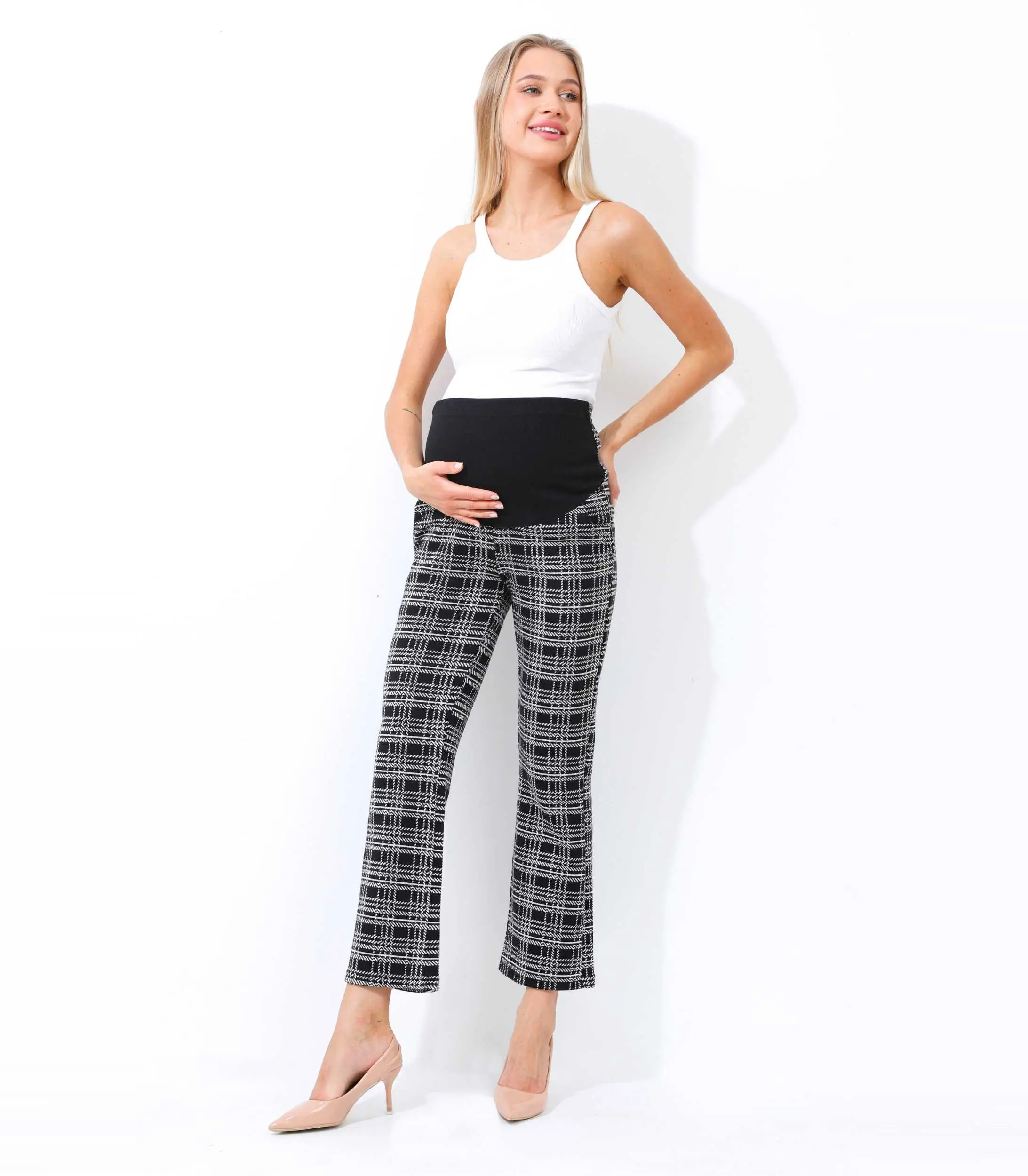 Alina Mae Maternity Trouser Pants for Work, Business, and Office - Stylish and Comfortable Fit for Pregnant Women (Black and White)