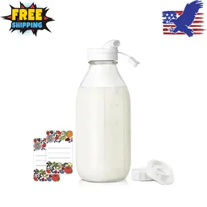 Square Liter Glass Milk Bottles with Airtight Lid - 100% Leak-Proof Heavy Duty Screw Cap, 32 Oz