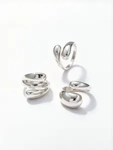 3Pcs Irregular Silver Dome Ring Set - Chunky Open Statement Rings, Stackable Rings, Minimalist Aesthetic Jewelry for Women
