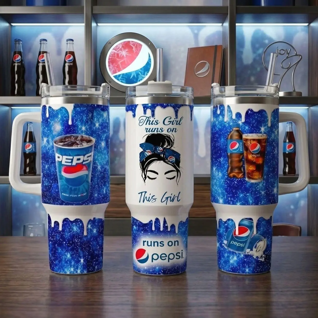 Pepsi 40oz Insulated Tumbler With Handle & Straw, This Girl Runs On Pepsi Glitter Tumbler, Blue Galaxy Sparkle Stainless Steel Travel Mug, Cute Soda Lover Cup, Pepsi Fan Gift, Trendy Beverage Drinkware For Women