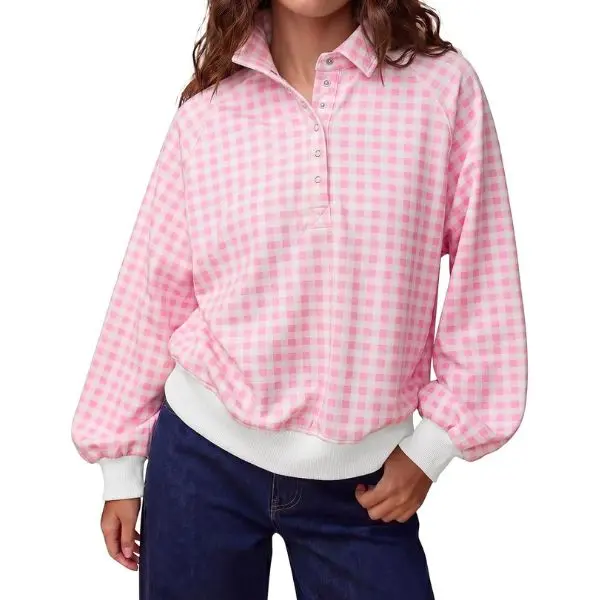 FISOEW Women's Plaid Preppy Style Sweatshirt - Oversized Long-Sleeve Fleece Pullover with Quarter-Zip Stand Collar, Ribbed Hem, Button Accent, Soft Fabric for Sweater Weather