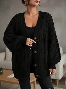 Women's Loose Solid Button Front Lantern Sleeve Cable Knit Cardigan, Casual V Neck Long Sleeve Knitwear for Fall & Winter, Women's Knit Clothing for Daily Wear, Tops Womenswear, Medium