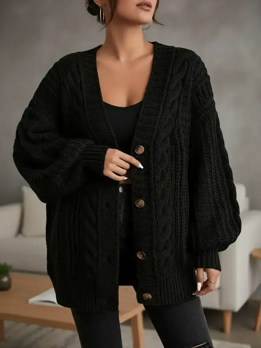 Women's Loose Solid Button Front Lantern Sleeve Cable Knit Cardigan, Casual V Neck Long Sleeve Knitwear for Fall & Winter, Women's Knit Clothing for Daily Wear, Tops Womenswear, Medium