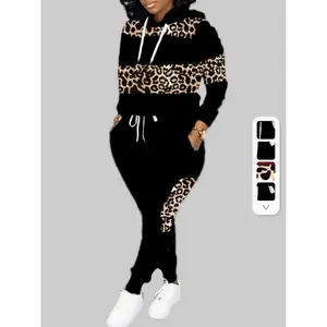 Plus Size Sports Two-Piece Set for Women – Leopard Print Long-Sleeve Drawstring Hoodie and Drawstring Jogger Pants