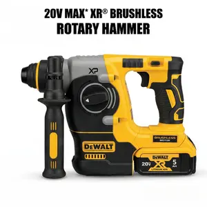 DEWALT DCH273 20V MAX brushless SDS-Plus rotary hammer drill set, is suitable for drilling in concrete, masonry, and metal, and features active vibration control. Battery and charger included. Cordless
