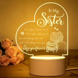 Heart Shaped To My Sister Acrylic Night Light, Engraved Sentimental Quote LED Lamp, Love You Forever Keepsake Gift for Sister Birthday Graduation, Warm Bedroom Decor Nightlight with Sister Silhouette Design