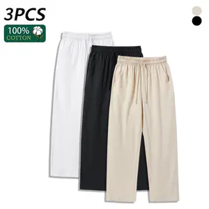 3PCS Men’s 100% Cotton Wide Leg Pants, Casual Elastic Waist Drawstring Trousers, Breathable Loose Fit Straight Leg Pants for Men, Multiple Colors