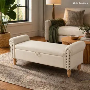 Storage Ottoman Bench with Rolled Arm, Upholstered Fabric Footstool with Solid Wood Legs, Hidden Storage Compartment, End of Bed Bench for Living Room, Entryway, Bedroom, Beige, Indoor Furniture, Ottoman with Storage, Fabric Ottoman