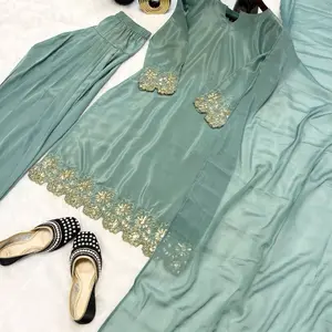 3 Piece Farshi Shalwar Suit Indian Pakistani Bollywood Wedding Salwar Kameez Eid with Embroidered Details and Matching Trousers Silk