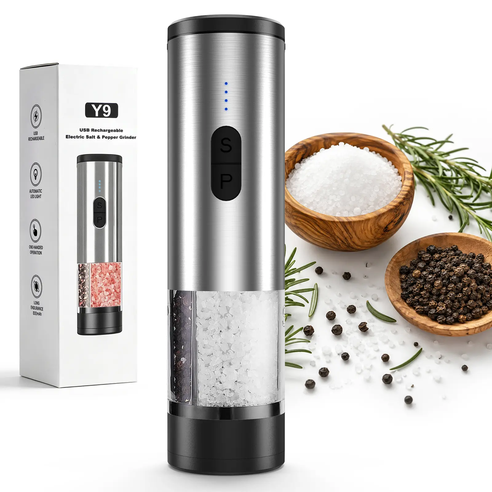 INKBIRD 2-in-1 Rechargeable Automatic Salt and Pepper Grinder - 200ml Large Capacity, Long Battery Life, Lightweight Modern Metallic Kitchenware, Button-Operated Seasoning Utensil with Coarse Adjust, Jam Protection for Cooking, Grilling
