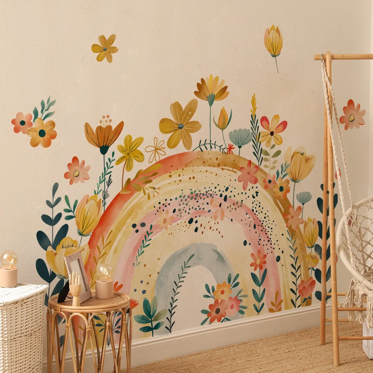 A set of two rainbow flower spring wall stickers for bedroom, living room, entrance, and corridor home decoration, Decorative Stickers, Floral Pattern Sticker, self-adhesive MS7290-YC, Wall Decal