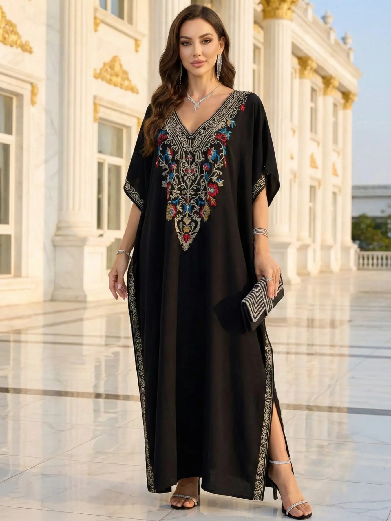 green emerald velvet dress Midnight Cabaret Gold Sequin Mock Neck Caftan Dress with Slip