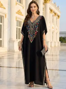 Women's Ethnic Pattern Embroidered Split Hem Kaftan Dress, Elegant Batwing Sleeve V Neck Long Dress for Party Holiday Vacation, Ladies Fall & Winter Clothes, Muslim Women Gowns, Modesty Muslim Clothing