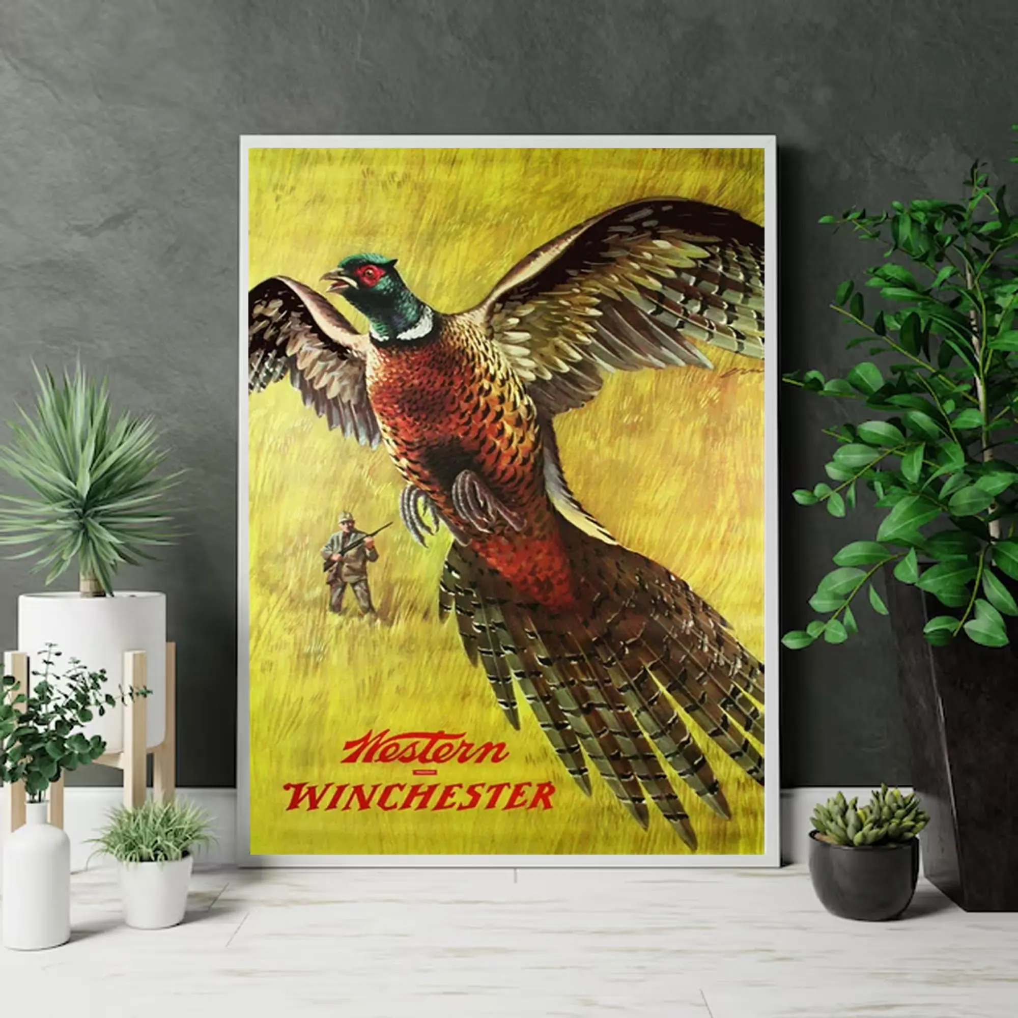 Vintage Western Winchester Pheasant Hunting Poster, Retro Flying Bird Hunter Wall Art Print, Rustic Cabin & Man Cave Decor