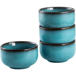 15 oz Reactive Glaze Ceramic Tableware Set of 4, Microwave-Safe Aqua Bowls for Circle, Cereal, Salad and Rice, Porcelain Kitchen Bowls, Cereal Bowl