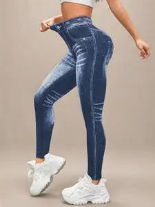 Girls' Stretchy High Waist Outdoor Sports Leggings with Scratch Imitation Denim Print Yoga Pants, Tight Fitting and Hip Lifting, Slimming and Abdominal Shaping Pants, Daily Casual and Versatile Elastic Fitness Training, Outdoor Sports, Running, Yoga Wear