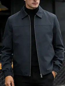 Men's casual collar jacket, Outerwear, with zipper closure and elastic cuffs, simple solid color spring and autumn jacket, 100% polyester fiber, machine washable, easy to maintain fabric, suitable for daily casual and work wear