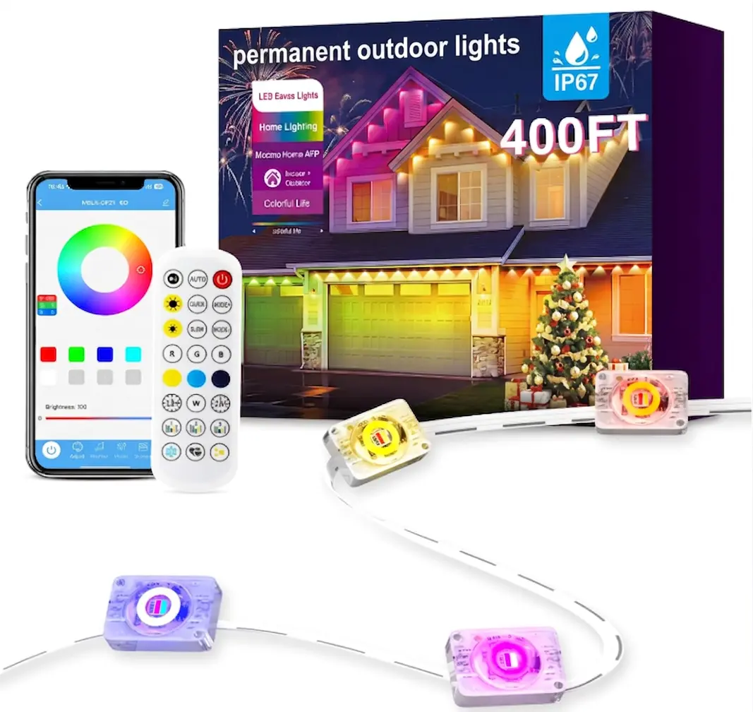 400FT Permanent Outdoor Smart RGB Eave LED Strip Lights, IP67 Waterproof with 16M Colors for Christmas, Halloween, Thanksgiving, New Years, Home Improvement Holiday & Daily Decorations