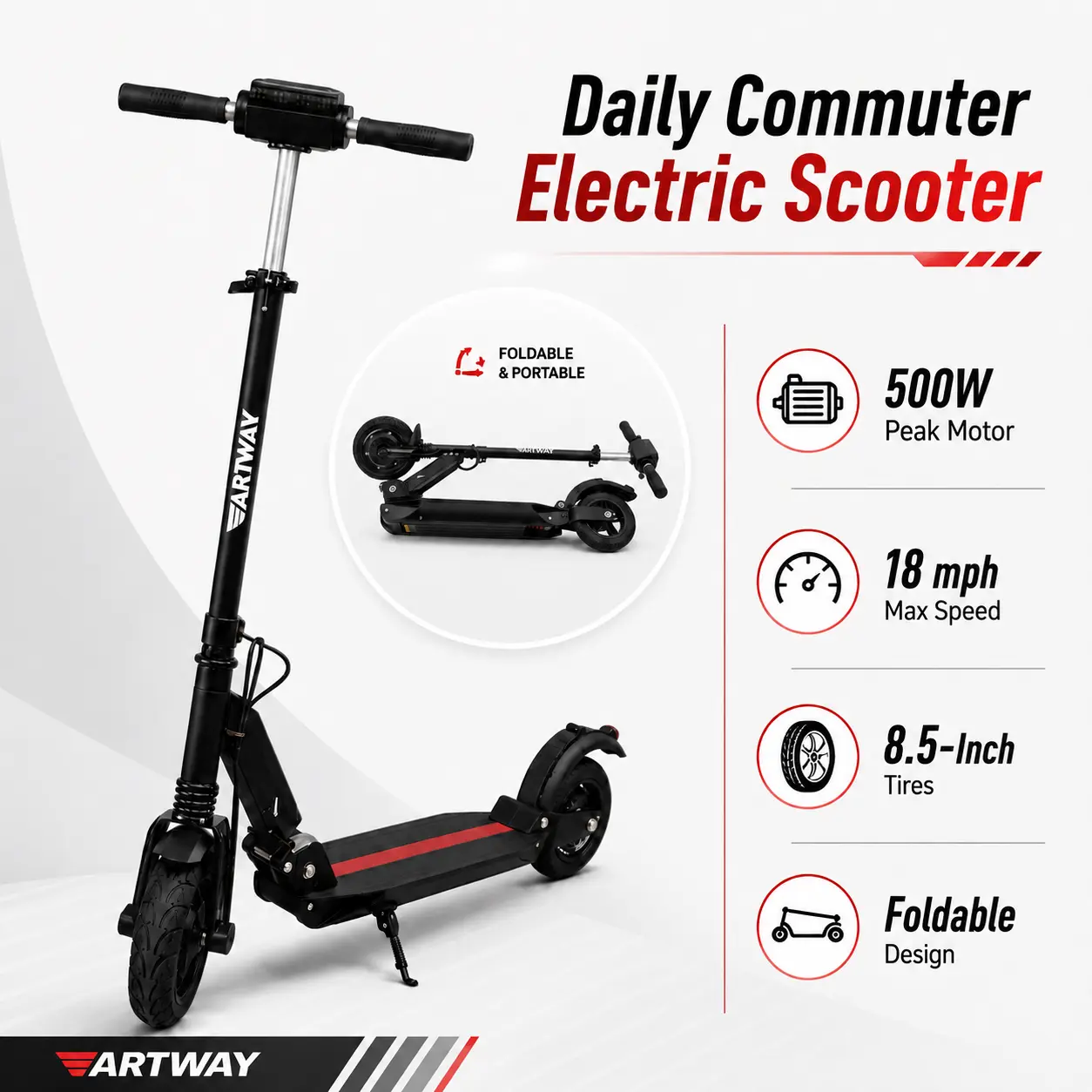 2026 UPGRADED Electric Scooter - 500W Peak Power, 18 MPH Max Speed, 16-20 Mi Range, 8.5" Tires, UL2272, Foldable & Portable, Max Load 220 LBS, Suitable for Teens & Adults
