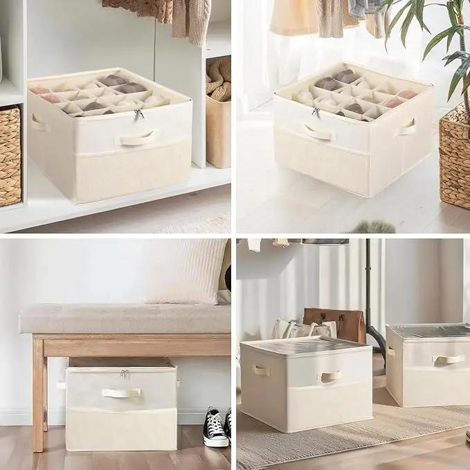 Shoe Organizer for Closet – Fits Up to 8–16 Pairs, Fabric Shoe Storage Bins with Clear Cover, Adjustable Dividers, Foldable Space-Saving Box Compartment Racks Shelf (Beige), Perfect for Back to School & Mother’s Day Gift