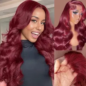KOUWI 13x6 Lace Front Long Straight Fiber Wig Hair Body Wave Fiber Wig Hair Body Wave Fiber Wig Braid Wig Hair 30 Inch Wig For Women 99J Burgundy Pre Plucked Glueless Wig Deep Wavy Wigs