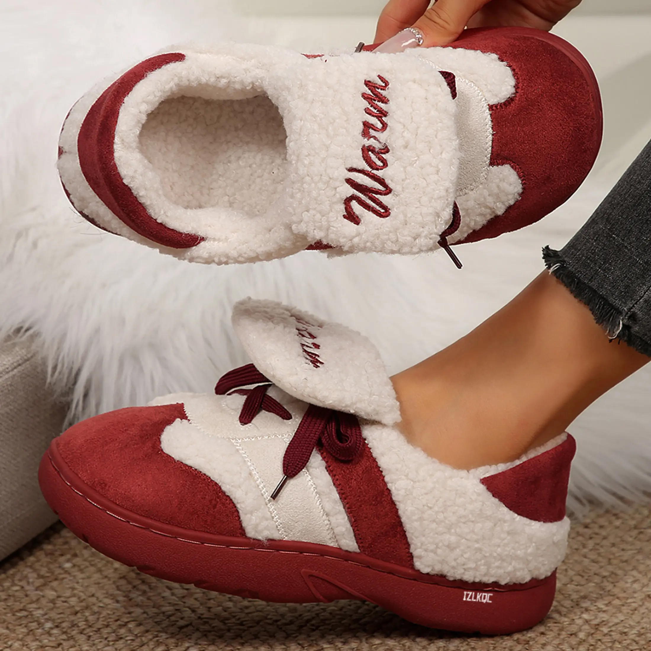 Women's Trendy Fuzzy-Lined Sneakers Color Block Style, "Warm" Embroidered Flap, Stylish Winter Casual Shoes