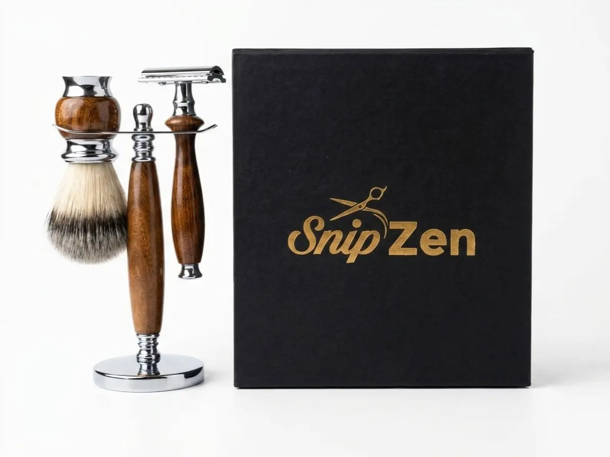 SnipZen Executive Wet Shaving Gift Set for Men - Dark Walnut Handle Metal Closed Comb Safety Razor, Unscented Shaving Brush, Chrome Stand, Elegant Packaging for Daily Use Grooming Kit Men's Safety Razor Single Edge Razors sohochic