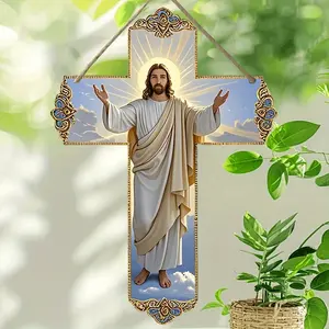Jesus Cross Pendant - Elegante Religious Wall or Car Ornament, Gold Frame, Artificial Wood Christian Church Home Decor, Suitable for Chapels, Prayer Rooms, Vehicle Interiors - Symbol of Spiritual Faith, Religious Decoration, Chapel Decoration, Exquisite P