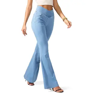Flare Jeans for Women Crossover High Waisted Bell Bottom Jeans Trendy Stretchy Flare Leggings with Pockets