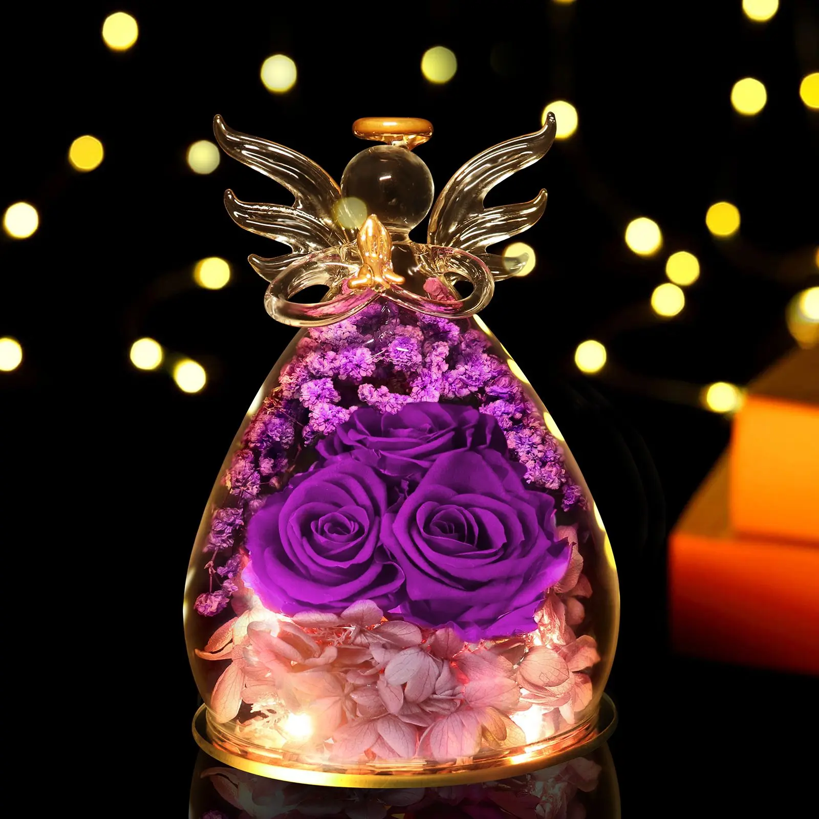 DEEMEI Decorative Glass Rose Figurine - Preserved Rose Angel Figurine, Floral Decoration, Love Sympathy Gift for Girlfriend Mom