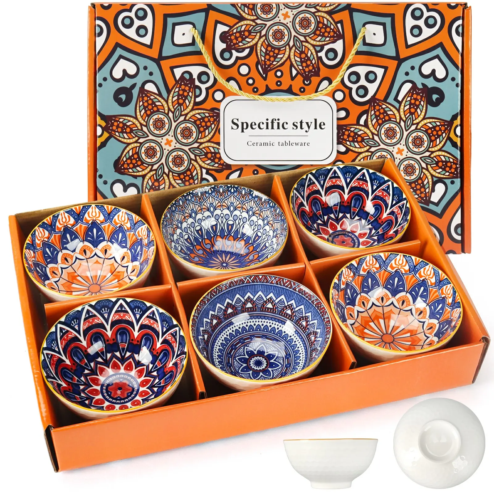 Geometric Durable Ceramic Cereal Bowls Gift Set - 6-Pack, 10oz, 4.6” Wide x 2.3” Tall, Nestable, Scratch-Resistant, Smooth Glazed Interior Tableware, Microwave & Dishwasher Safe Kitchen Dining Gifts