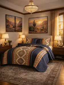 3 Piece Reversible Bedspread Set, Southwestern Quilt Bedding Set with Geometric Tribal Pattern, Soft Lightweight Coverlet with 2 Pillow Shams, Queen King