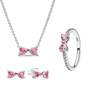 Sterling Silver Zircon Pink Shiny Bow Set – Rings, Earrings, Bracelets, Necklaces for Women | Fine Jewelry