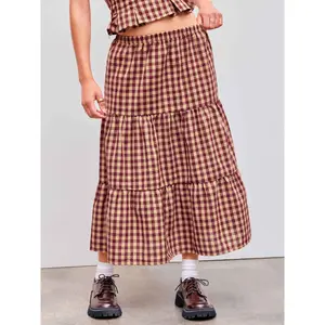 Cider Woven High Rise Gingham Tiered Midi Skirt