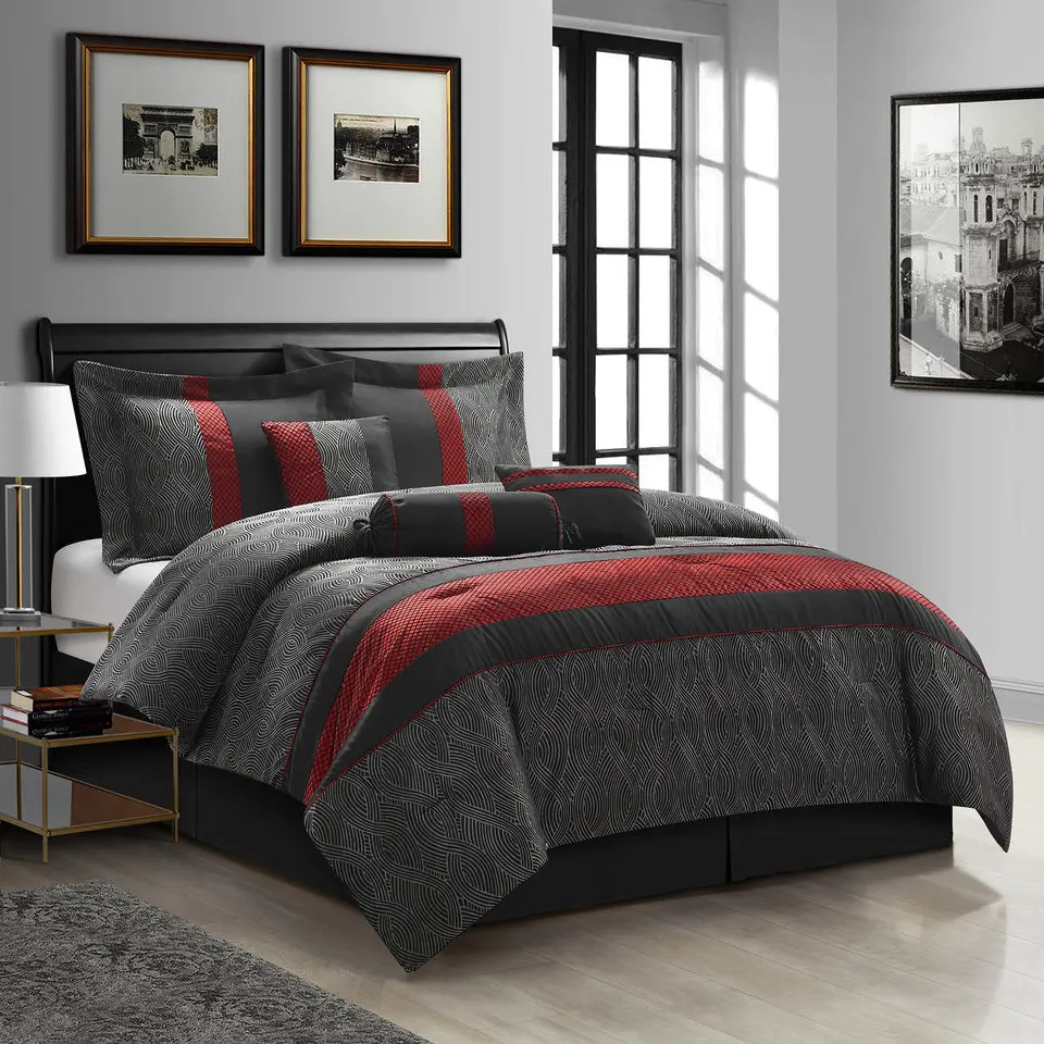 Corell 7-Piece Comforter Set, Black/Red, Geometric, Patchwork