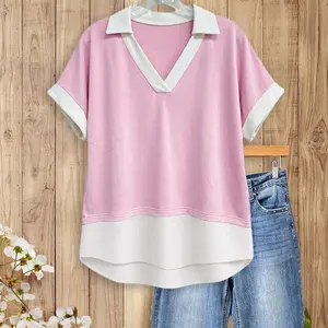 Sagevell  Women’s Pink Color Block V-Neck Blouse Top Short Sleeve Collared Layered Look Shirt Soft Casual Spring Summer Top for Work, Daily Wear, Brunch & Weekend